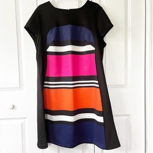 Eloquii plus size short-sleeve black with orange pink blue pattern sheath dress